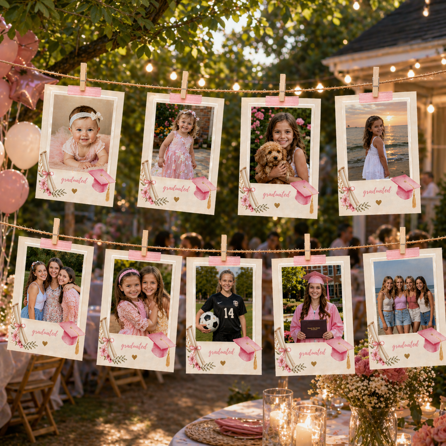 Decorative display of photos on a string with pink accents outdoors.