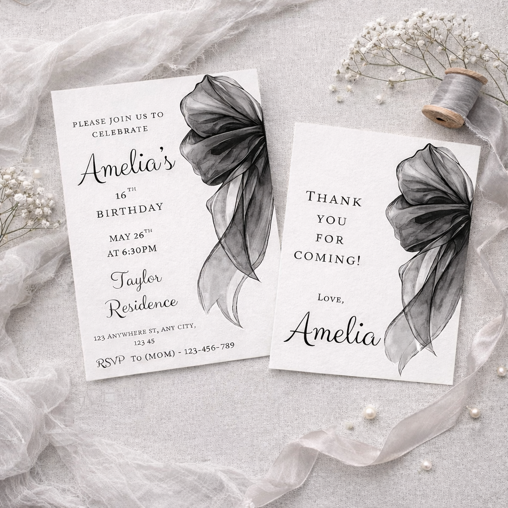 Two birthday invitations with floral designs on a light gray background.