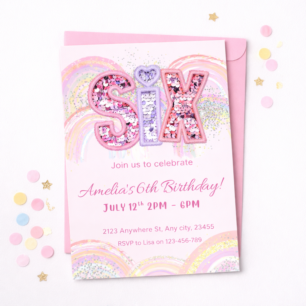 Birthday invitation card with colorful letter 'SIX' and pink envelope on a white background