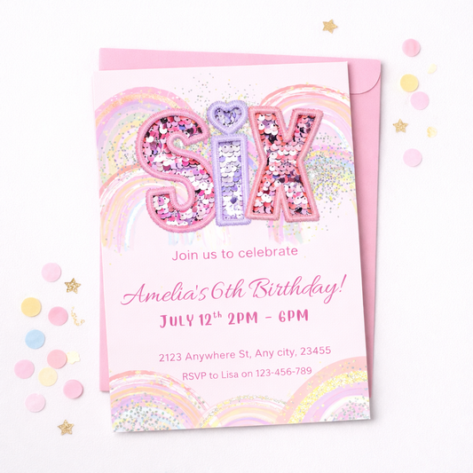 Birthday invitation card with colorful letter 'SIX' and pink envelope on a white background