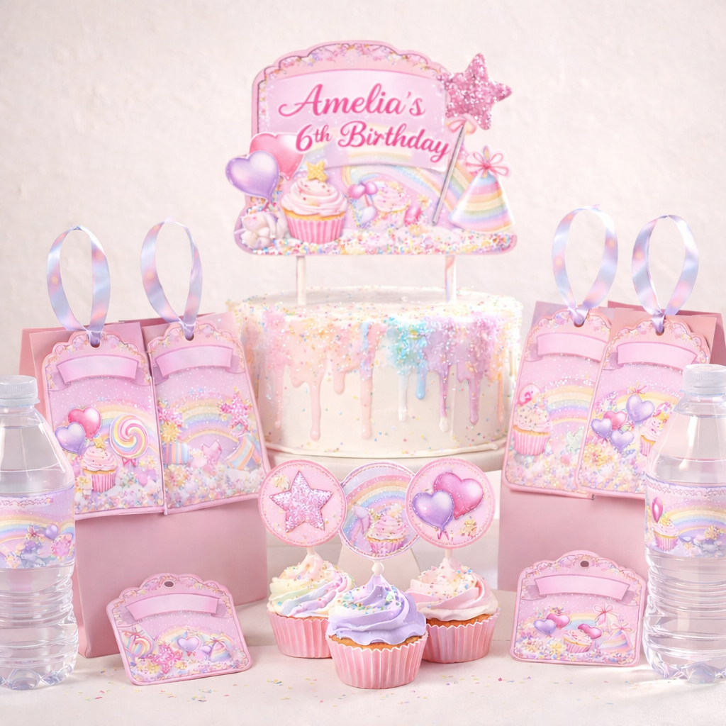 Pastel-colored birthday party supplies with 'Amelia's 6th Birthday' cake topper on a white background.