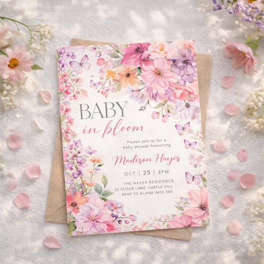 Pink Baby in bloom baby shower invitation templated editable in canva floral watercolour invite 