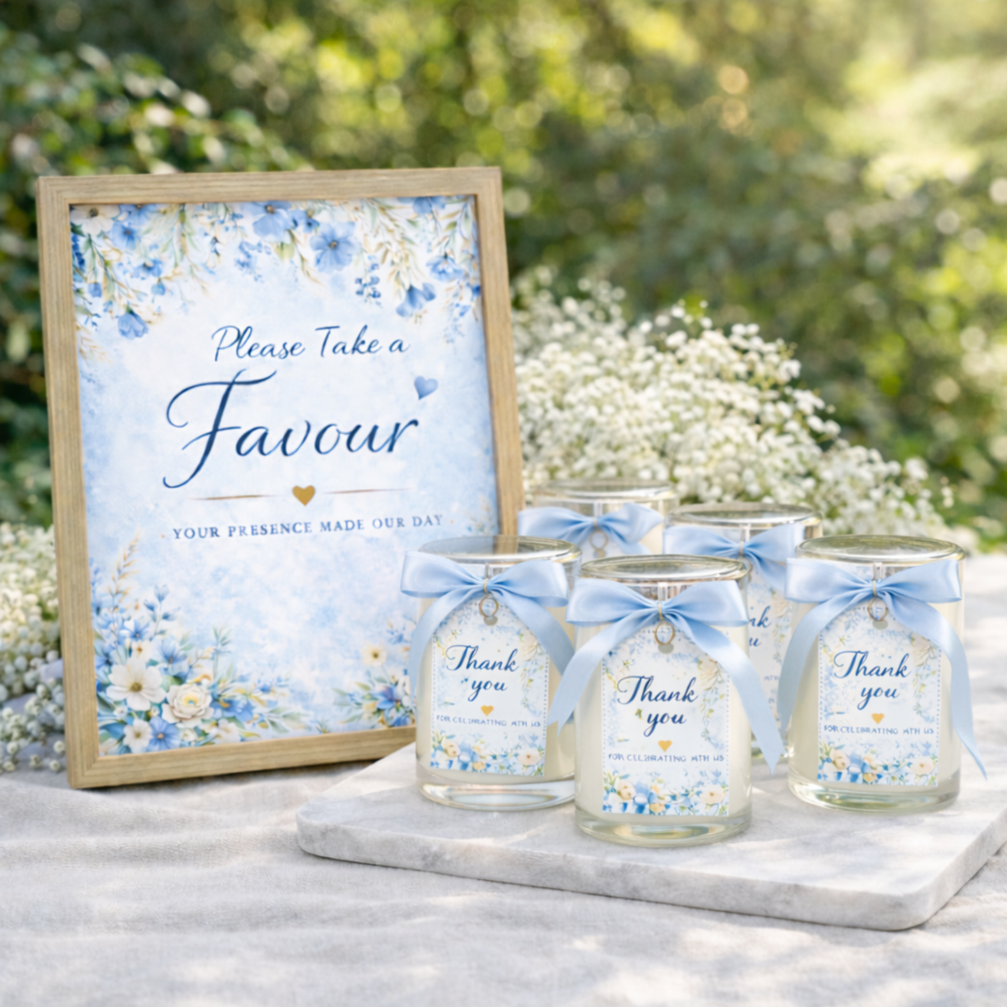 Glass jars with blue ribbons and 'Thank you' tags next to a framed sign with floral design and text.