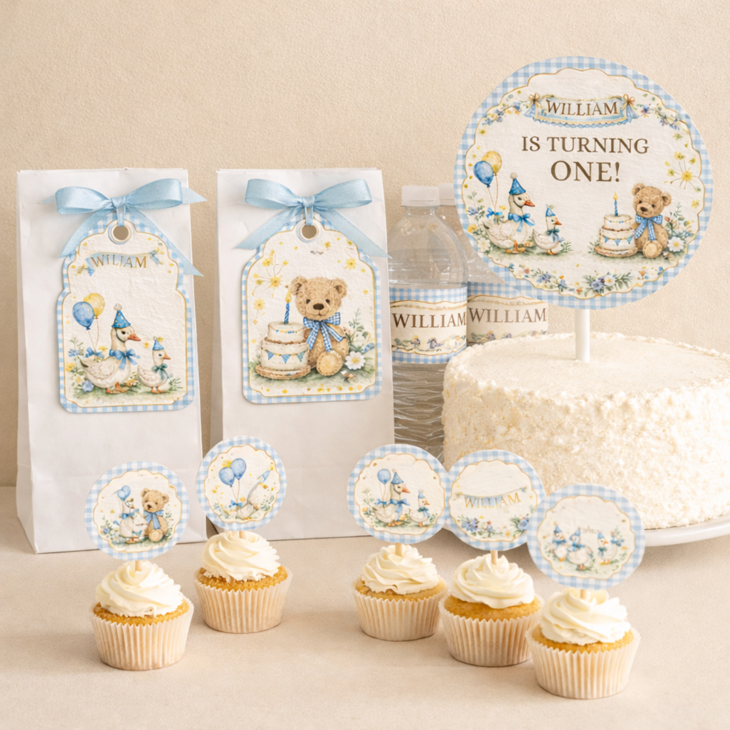 1st Birthday Boy Invitation Bundle | Vintage Blue Gingham Editable Party Kit