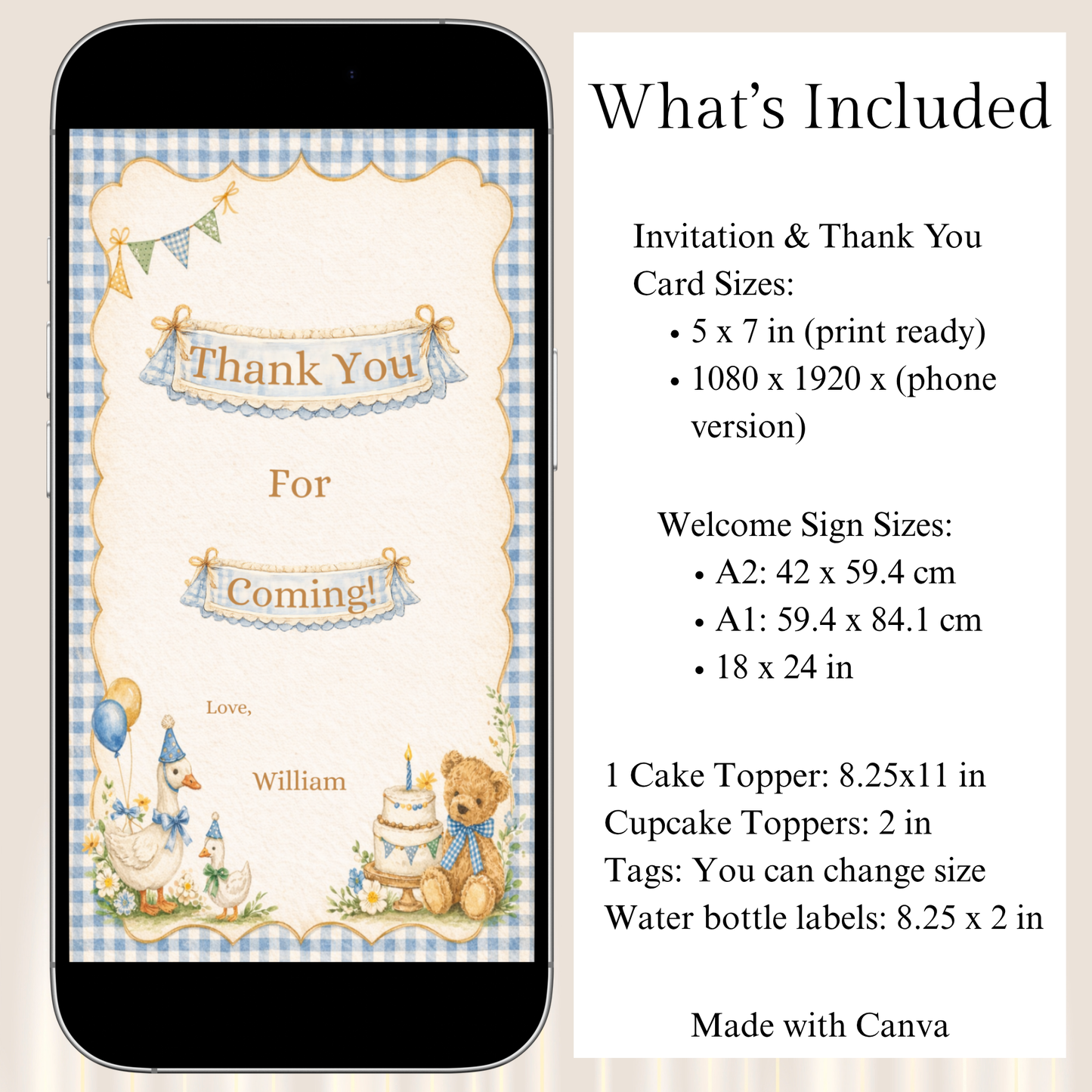 Phone displaying a baby shower invitation with text about included items on a beige background.