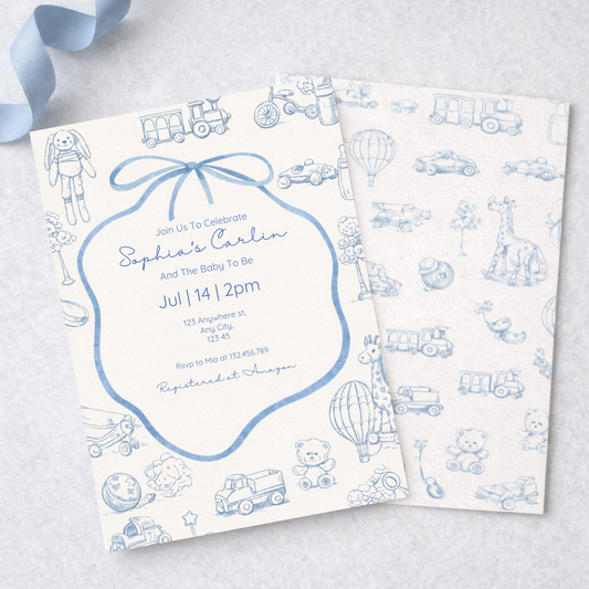Baby shower blue toile invitation with blue baby items pattern on a light gray background
