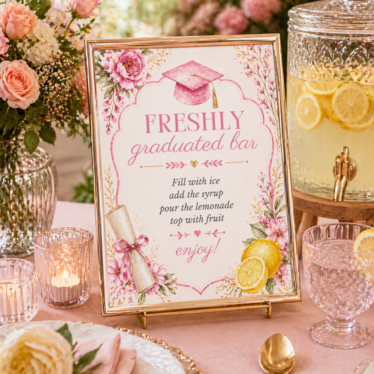 Decorative sign for a 'Freshly graduated bar' with flowers and lemonade on a table.