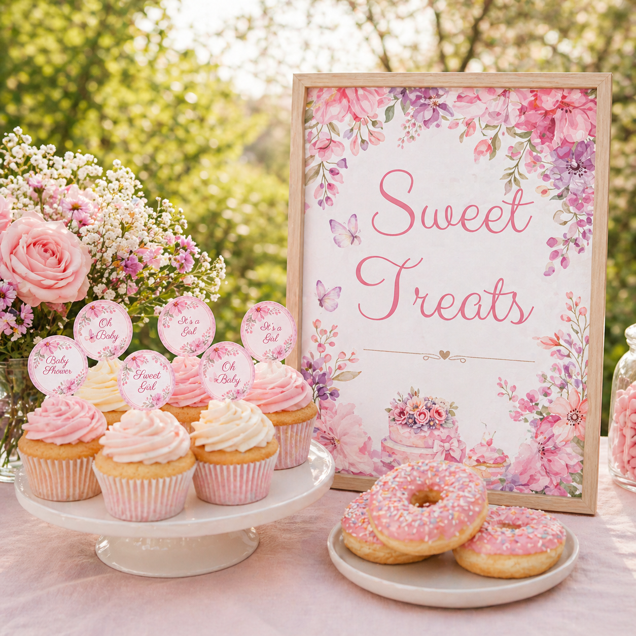 Sweet treats table with pink cupcakes and donuts, and a floral 'Sweet Treats' sign.