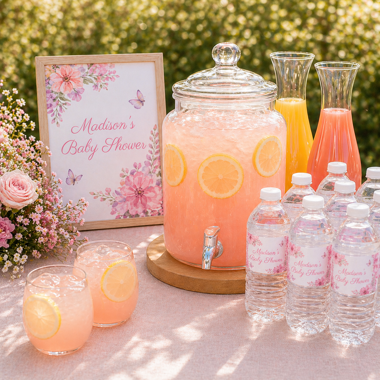 Baby shower drink station with pink lemonade, bottles, and a sign in the background.