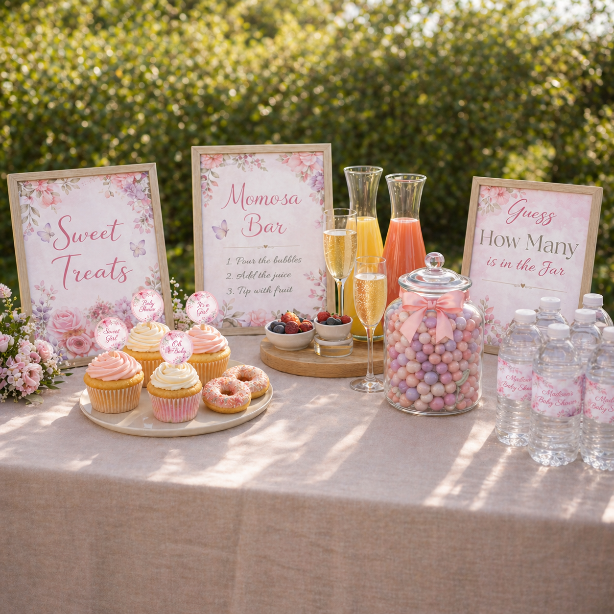 Baby Shower Sweet treats and drinks setup on a table outdoors with signs indicating different sections.