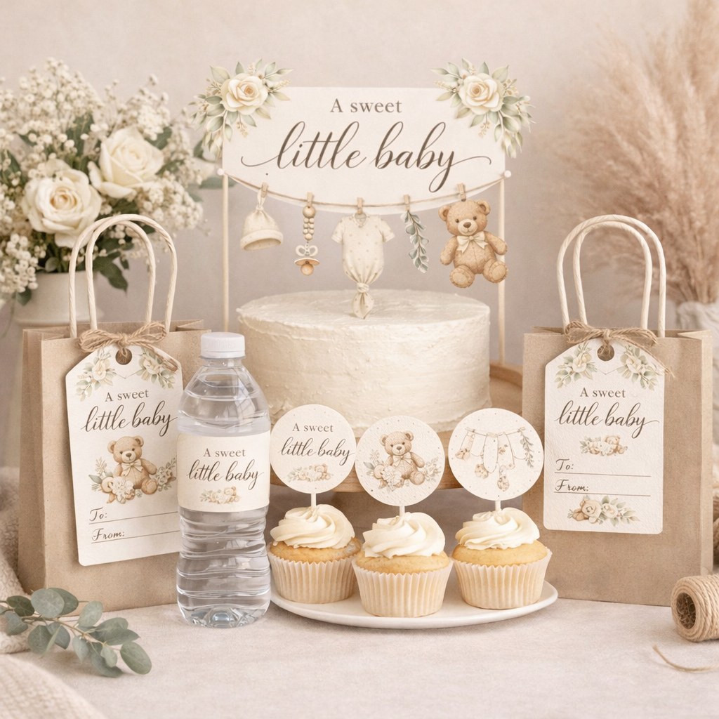 Vintage Baby Shower Invitation Bundle | Neutral Clothesline Baby Shower Invite Editable Bundle Kit