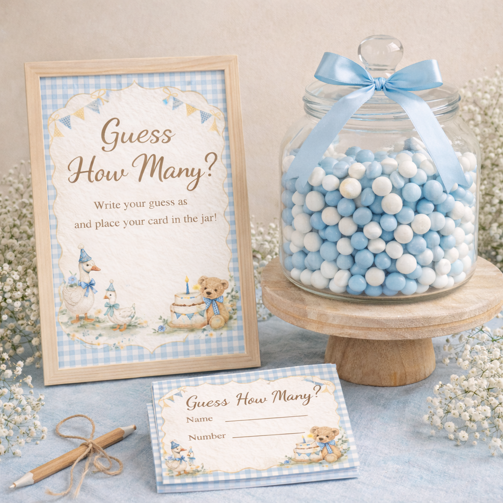 1st Birthday Boy Invitation Bundle | Vintage Blue Gingham Editable Party Kit