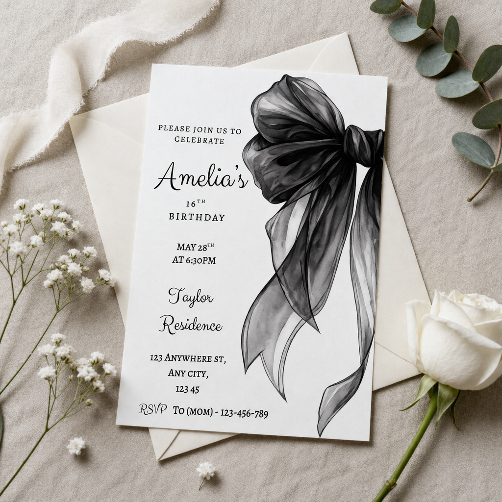 Invitation card with black bow design on a beige surface with flowers