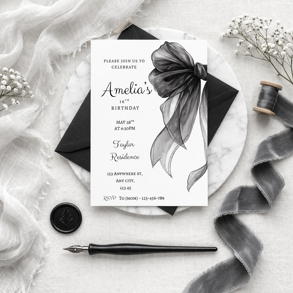 Invitation card with black bow and envelope on a marble surface with decorative ribbons.