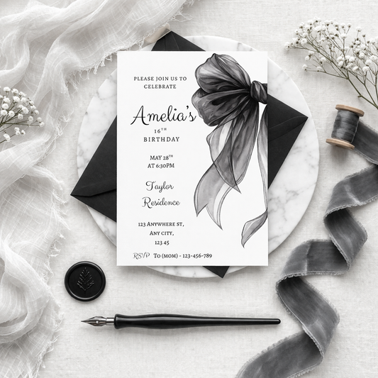 Invitation card with black bow and envelope on a marble surface with decorative ribbons.