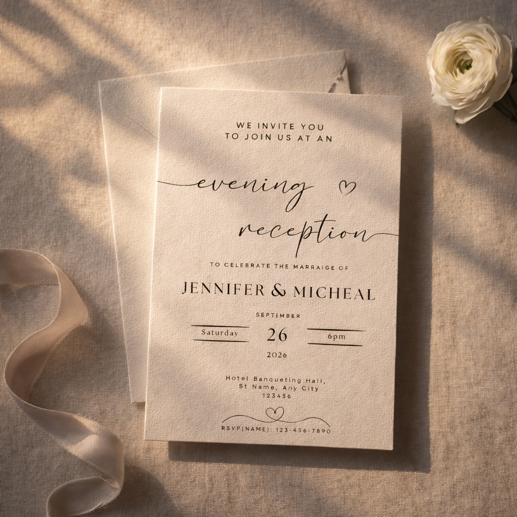 Wedding reception invitation card on a textured surface with a white flower and ribbon.