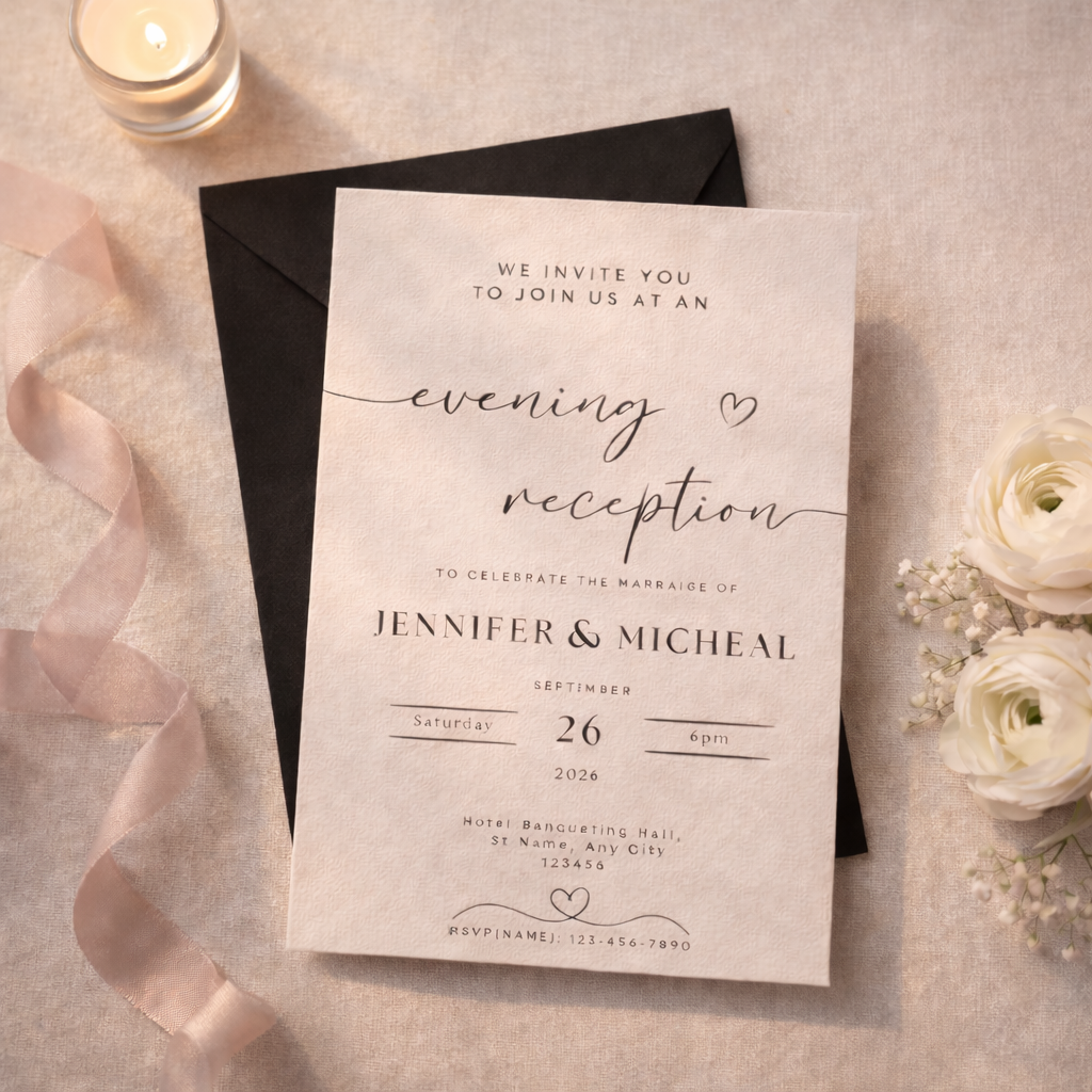 Minimalistic Wedding Reception invitation card with black envelope and flowers on a beige background