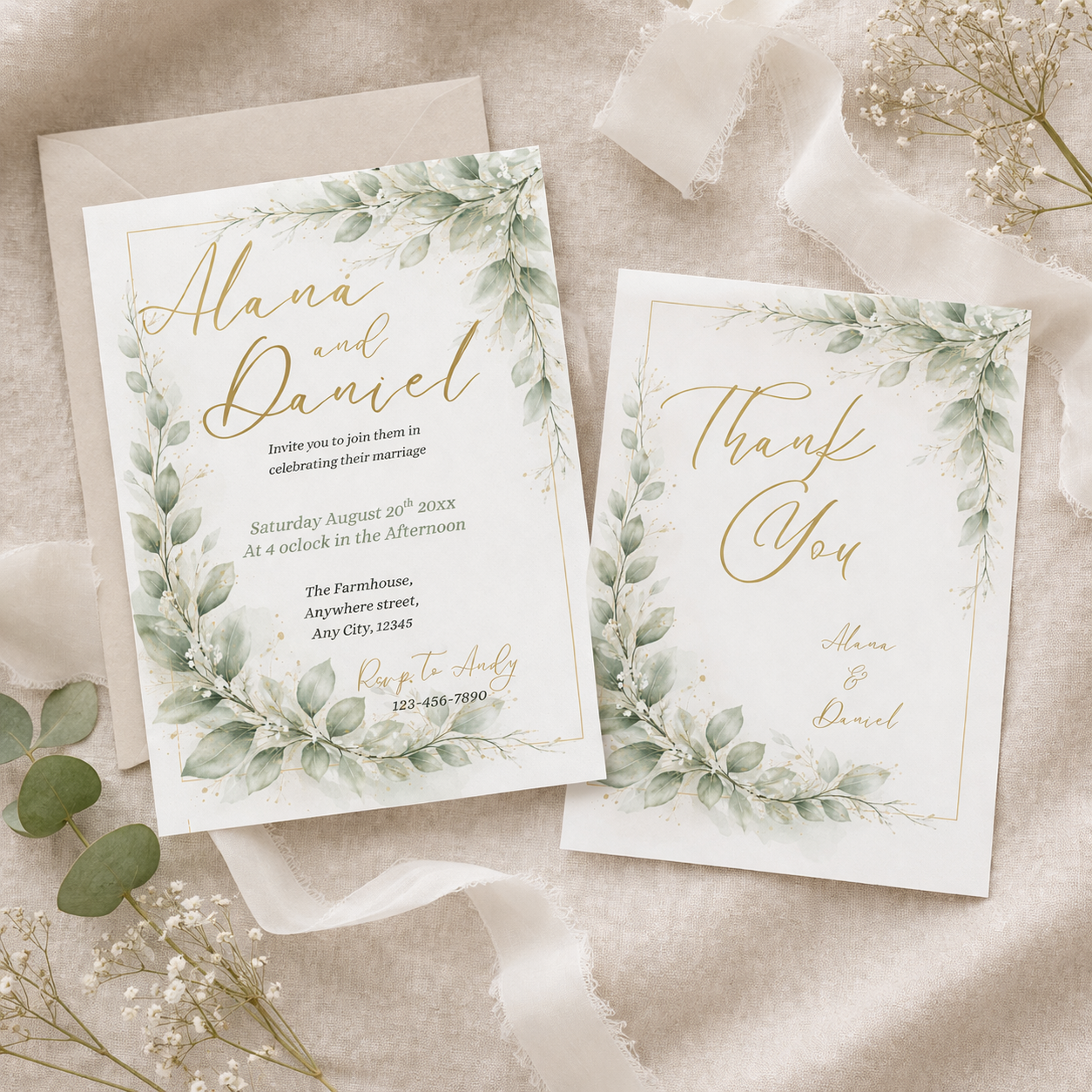 Watercolor Eucalyptus Wedding Invitation Template Elegant Floral Sage Wedding Invite Template Editable In Canva Instant Download 
