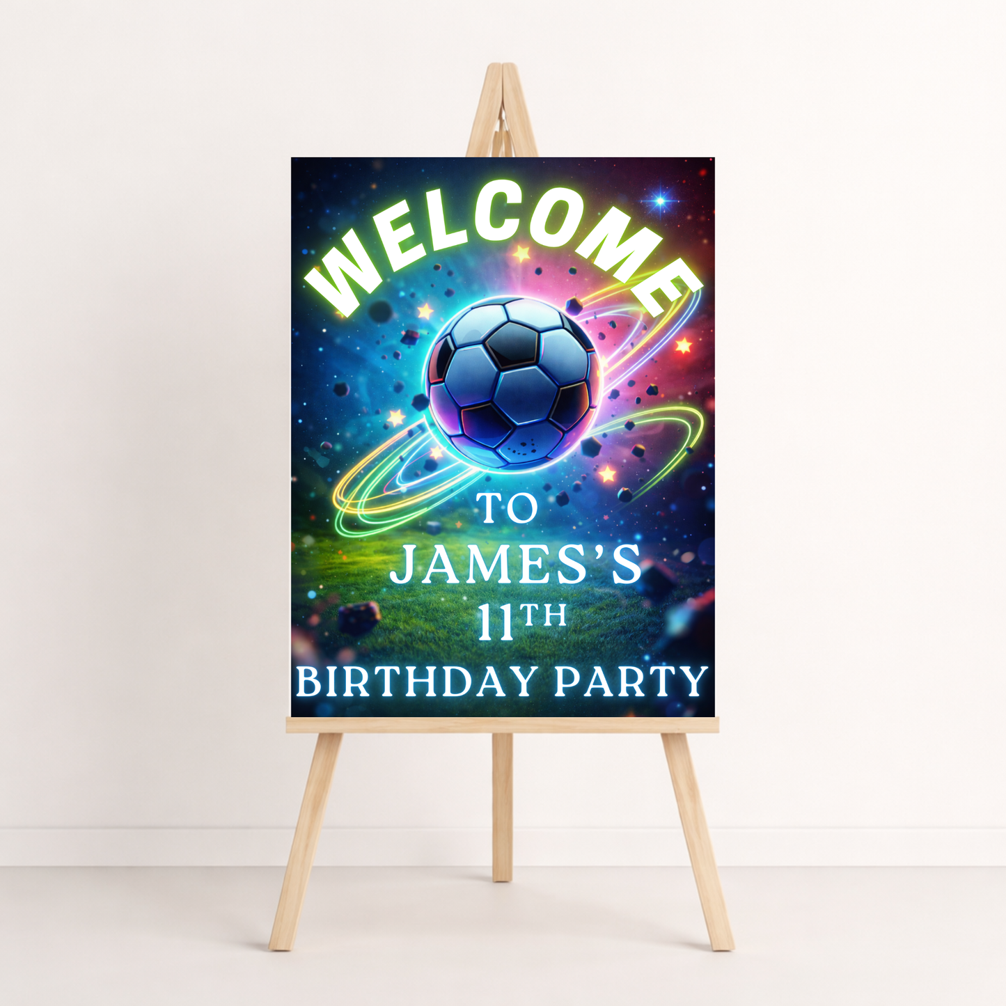 Neon Football Birthday Invitation Template | Editable Soccer Party Invite + Welcome Sign Bundle