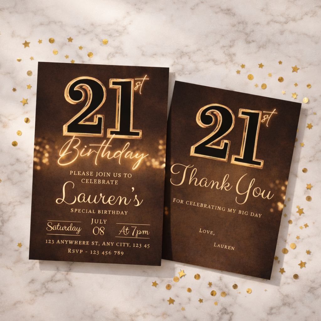 21st Birthday invitation and thank you card set on a marble surface with gold confetti.