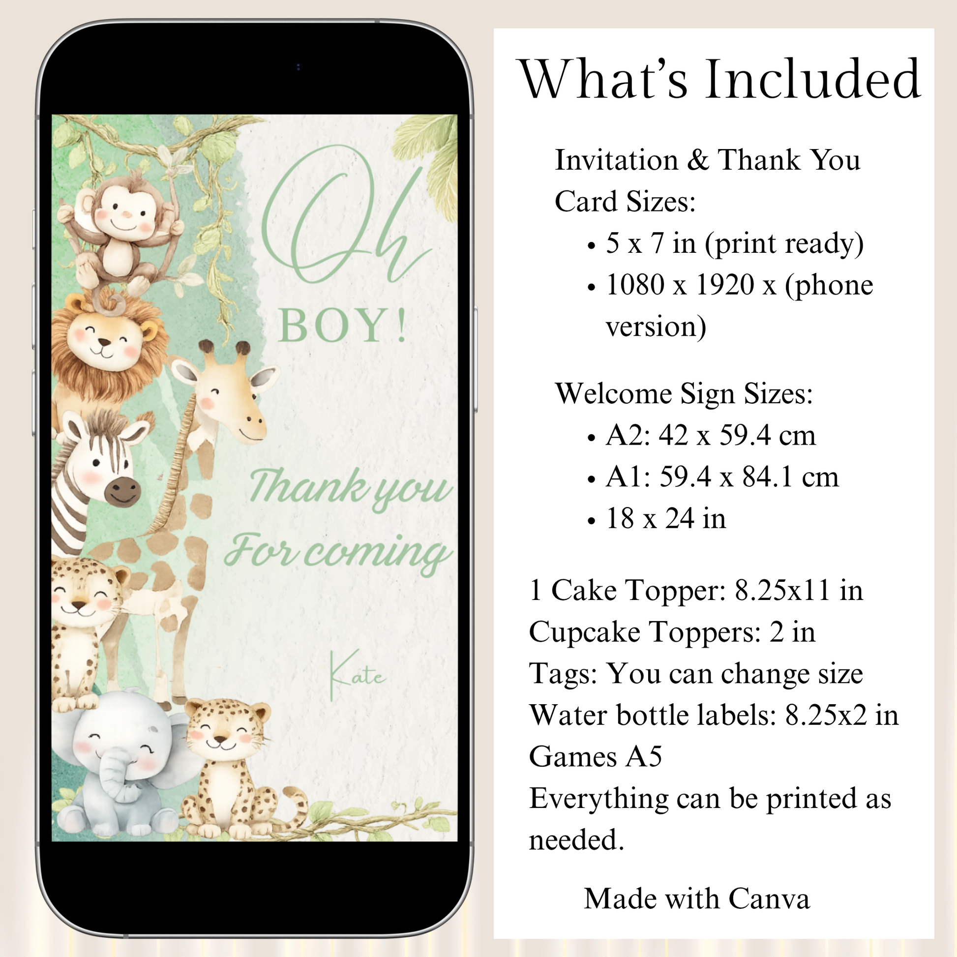Phone screen displaying a baby shower invitation with animal illustrations and text 'Oh Boy! Thank you for coming'. Accompanied by a list of included items.