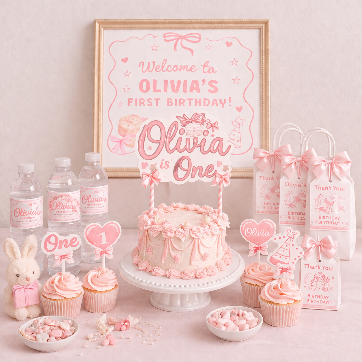 Pink-themed birthday party setup with cake, cupcakes, and decorations for a first birthday celebration.