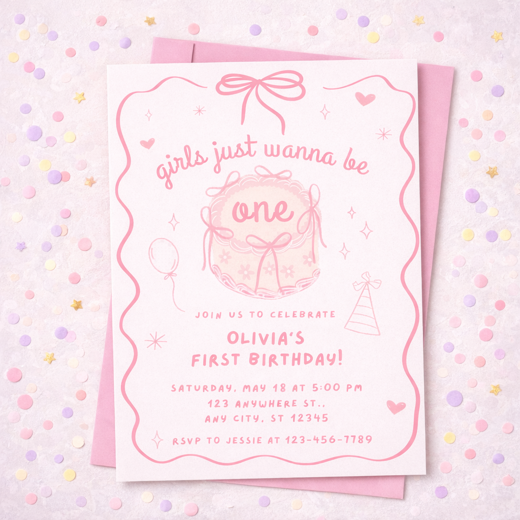 Pink birthday invitation card for a girl's first birthday on a polka dot background