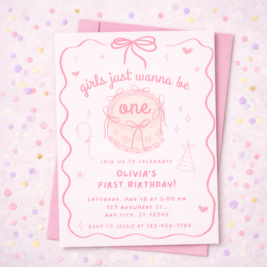 Pink birthday invitation card for a girl's first birthday on a polka dot background