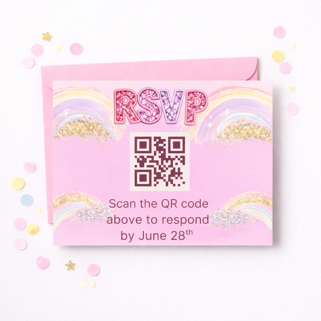 Pink RSVP card with rainbows and a QR code on a white background