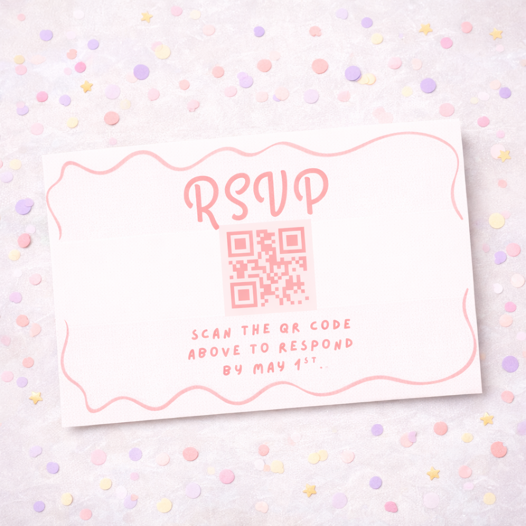 RSVP card with QR code on a polka dot background