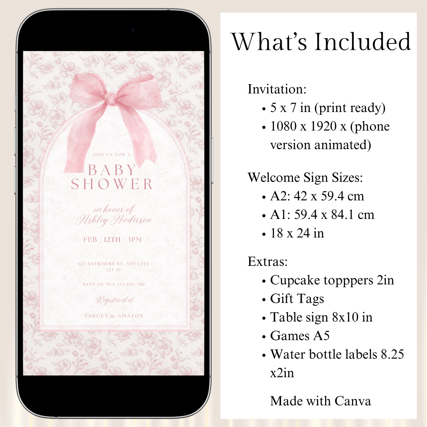 Baby shower invitation on a phone screen with product details on the right.