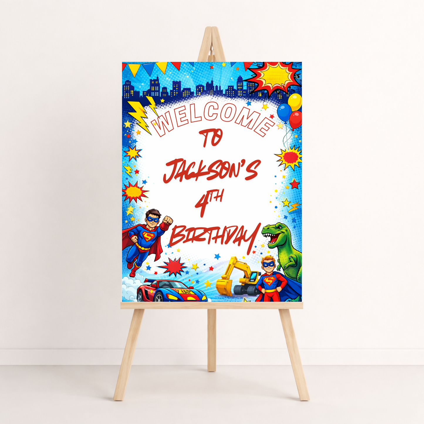 Superhero & Dinosaur Birthday Invitation Template for Boys | Editable Digital Invite + Welcome Sign Bundle