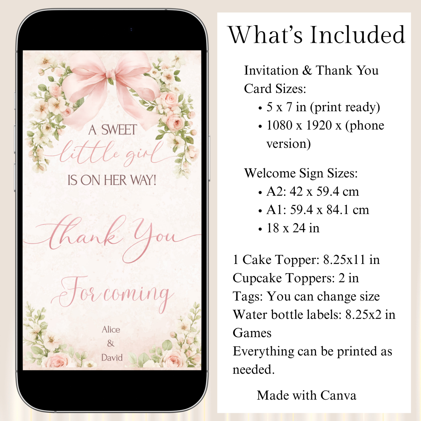 Baby Girl Shower Invitation Template | Pink Bow Floral Baby Shower Invite Editable Bundle Kit