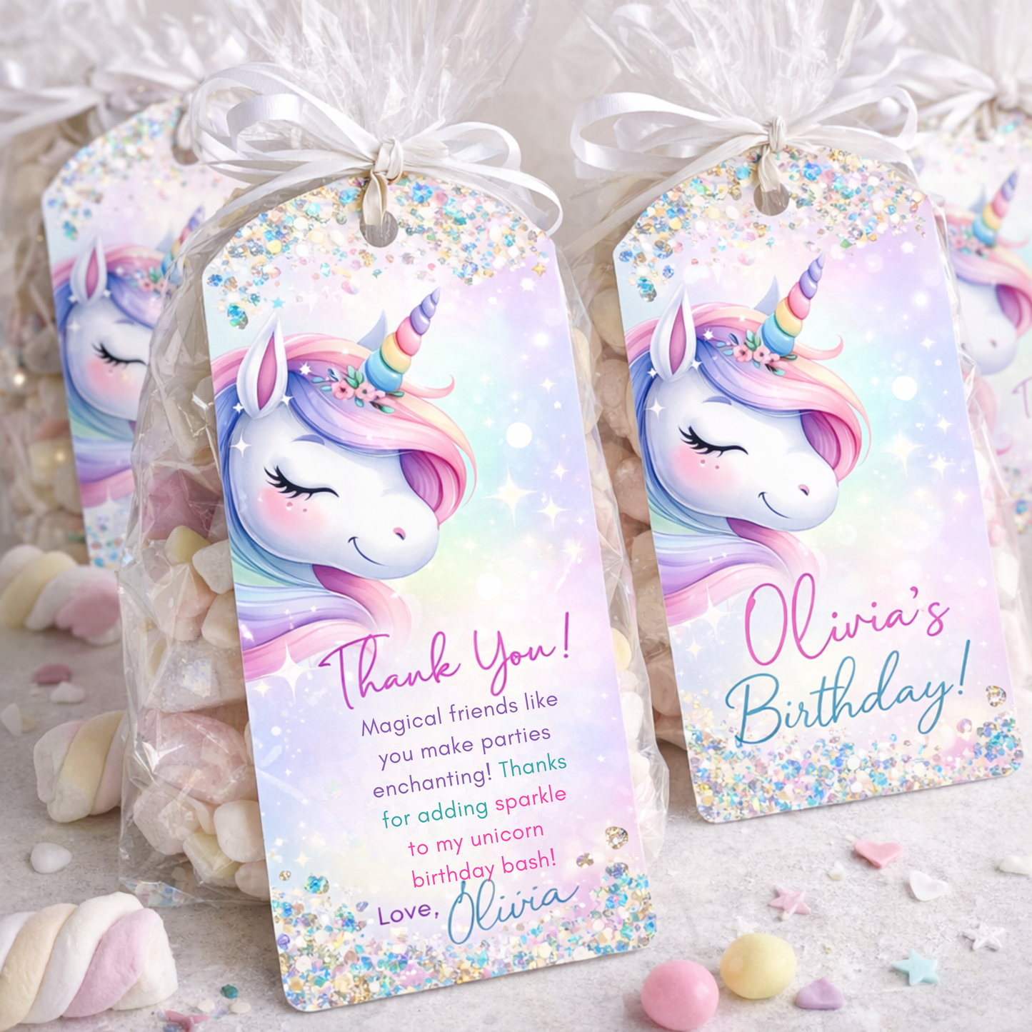 Unicorn-themed gift tags with personalized text on a light background.
