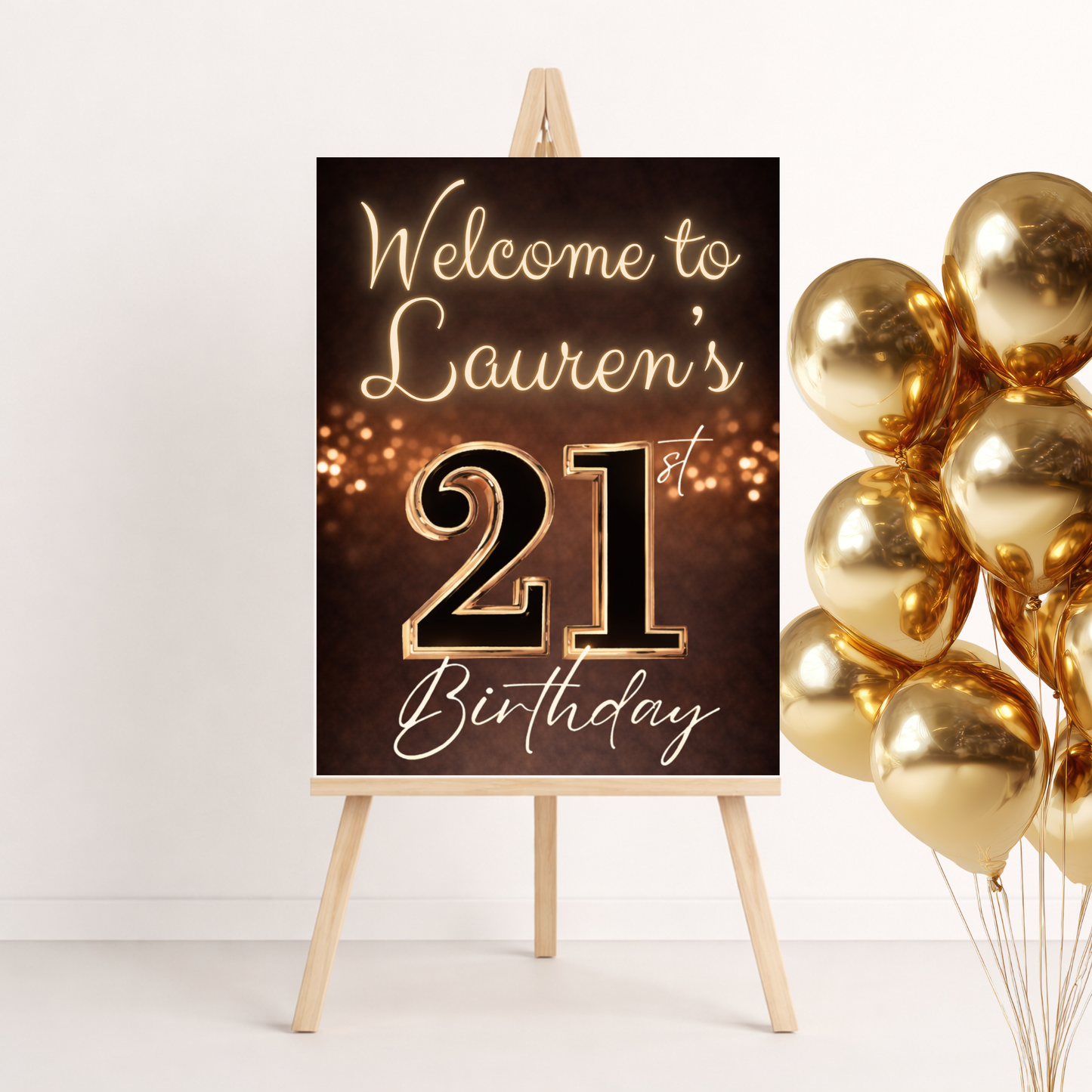 Metallic Golden 21st Birthday Invitation Template | Editable Elegant Gold Party Invite + Welcome Sign Bundle
