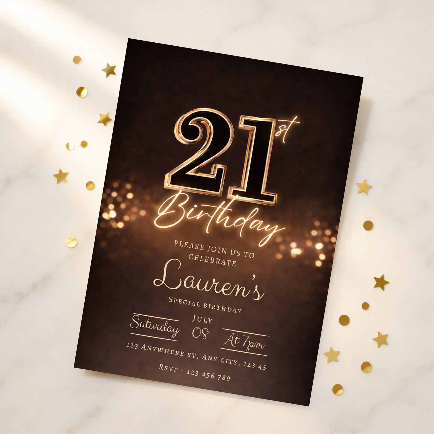 21st birthday invitation template with gold text on a dark background, surrounded by confetti.
