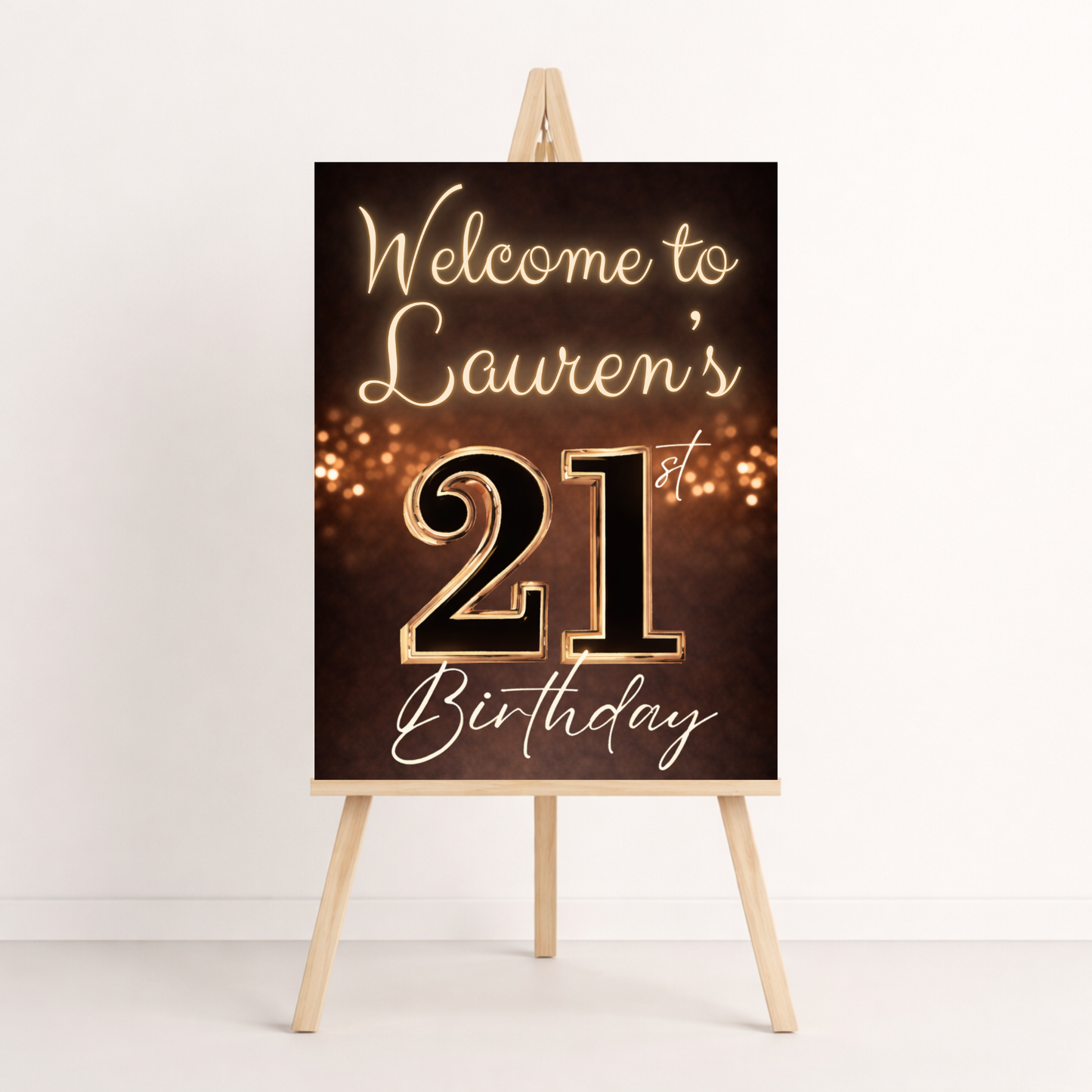 Birthday welcome sign with '21st Birthday' text on a dark background with lights.