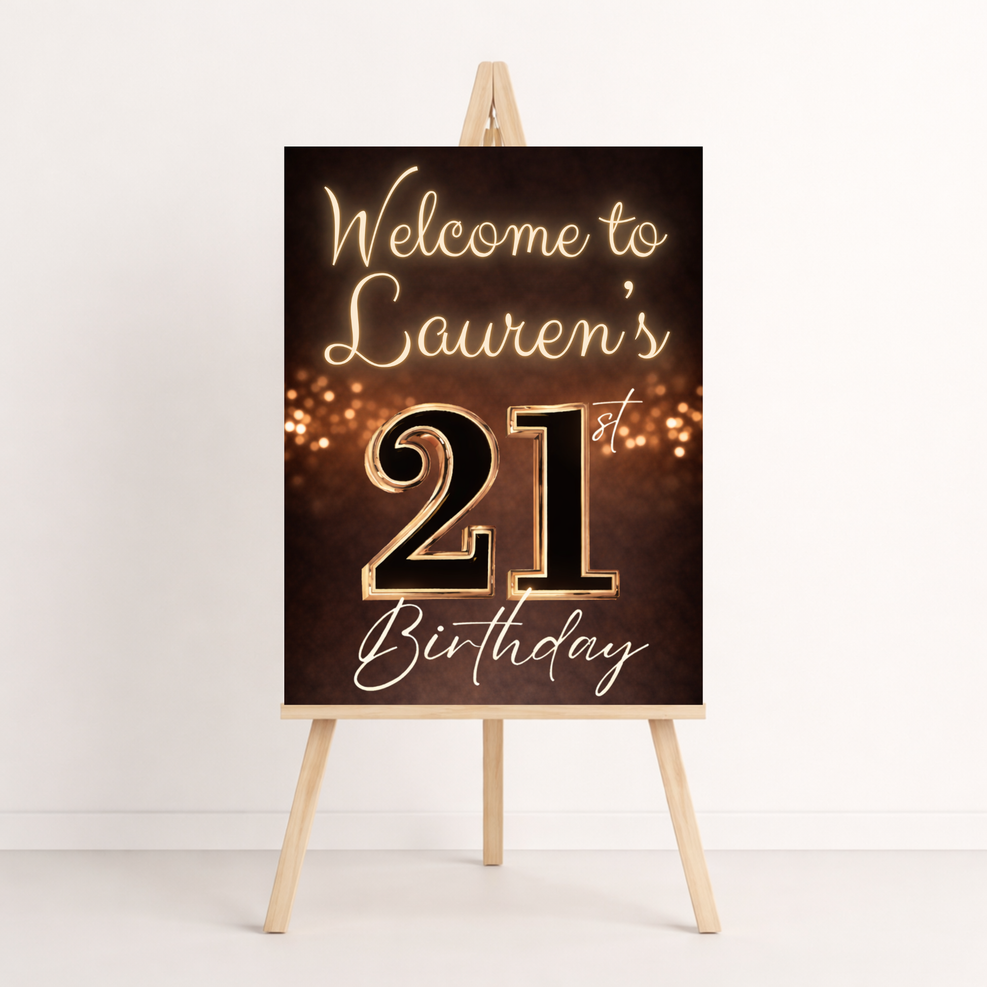 Birthday welcome sign with '21st Birthday' text on a dark background with lights.