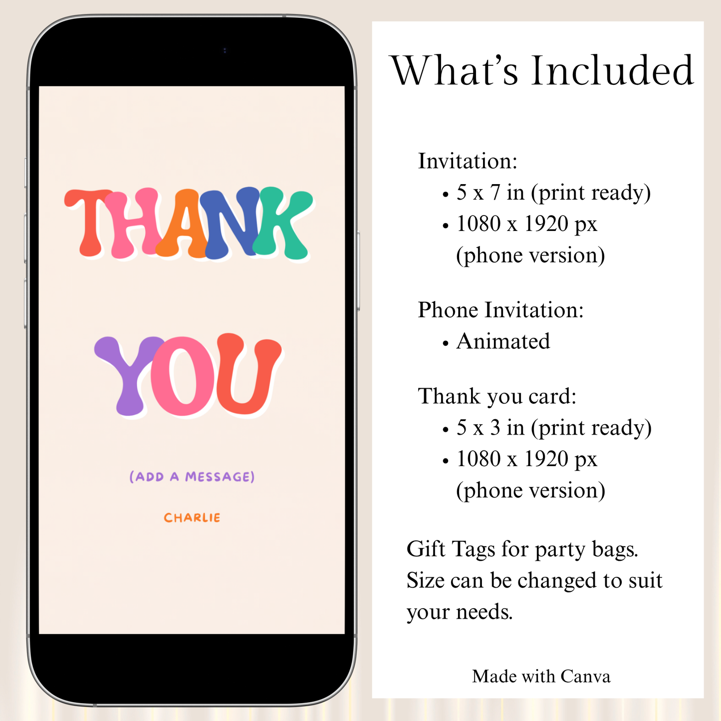 Phone screen displaying a colorful 'Thank You' message with text on the right about included items.