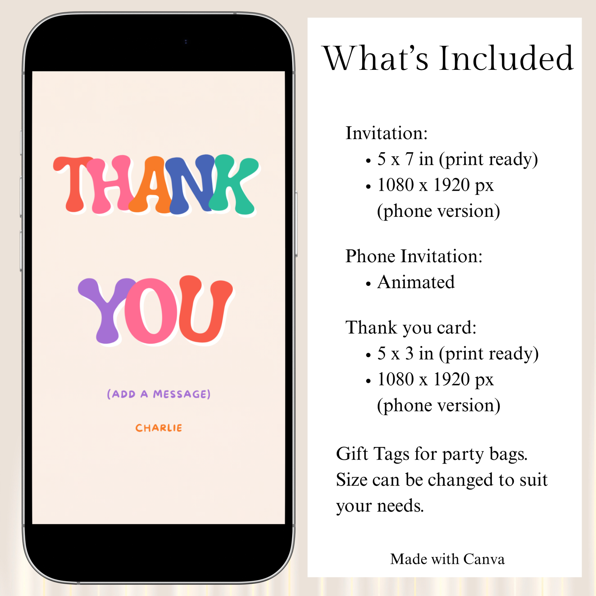 Phone screen displaying a colorful 'Thank You' message with text on the right about included items.