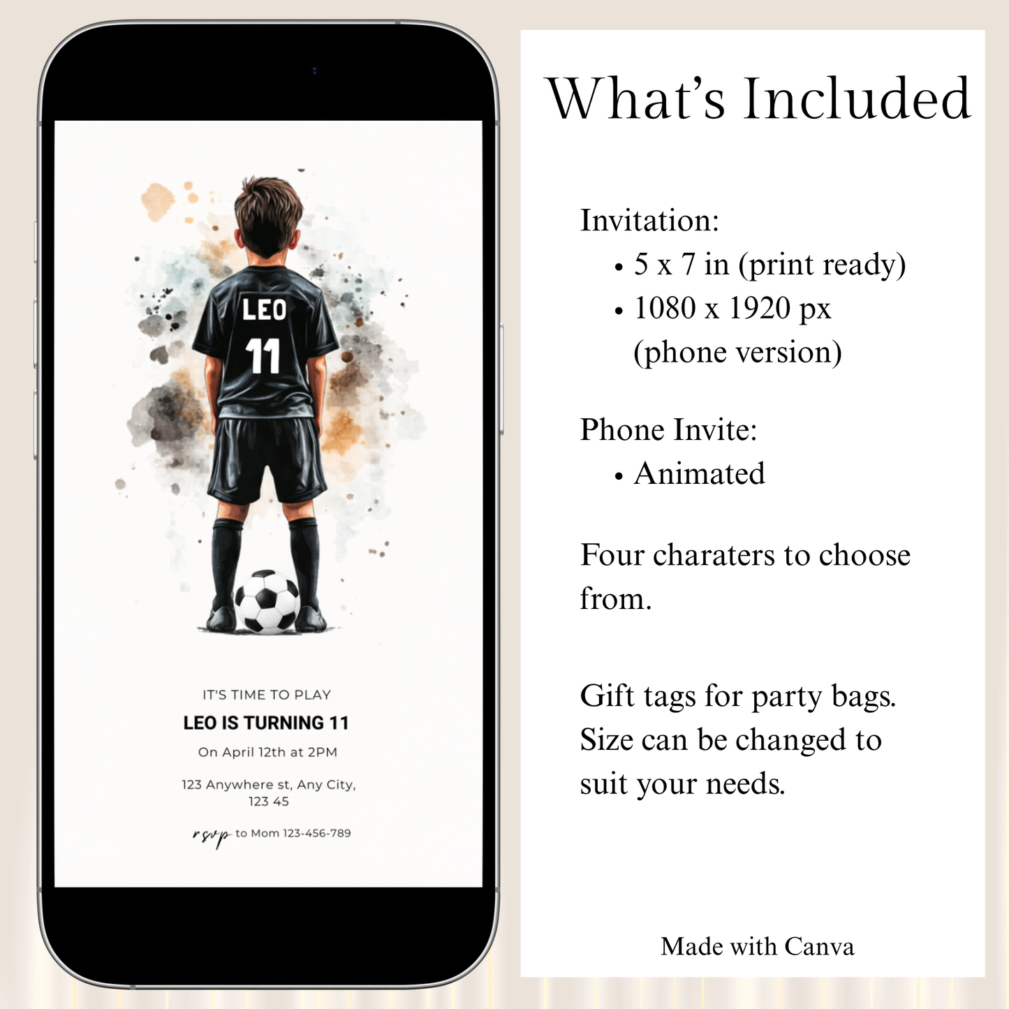 Phone screen displaying a birthday invitation with a child in a soccer uniform, next to text about what's included.